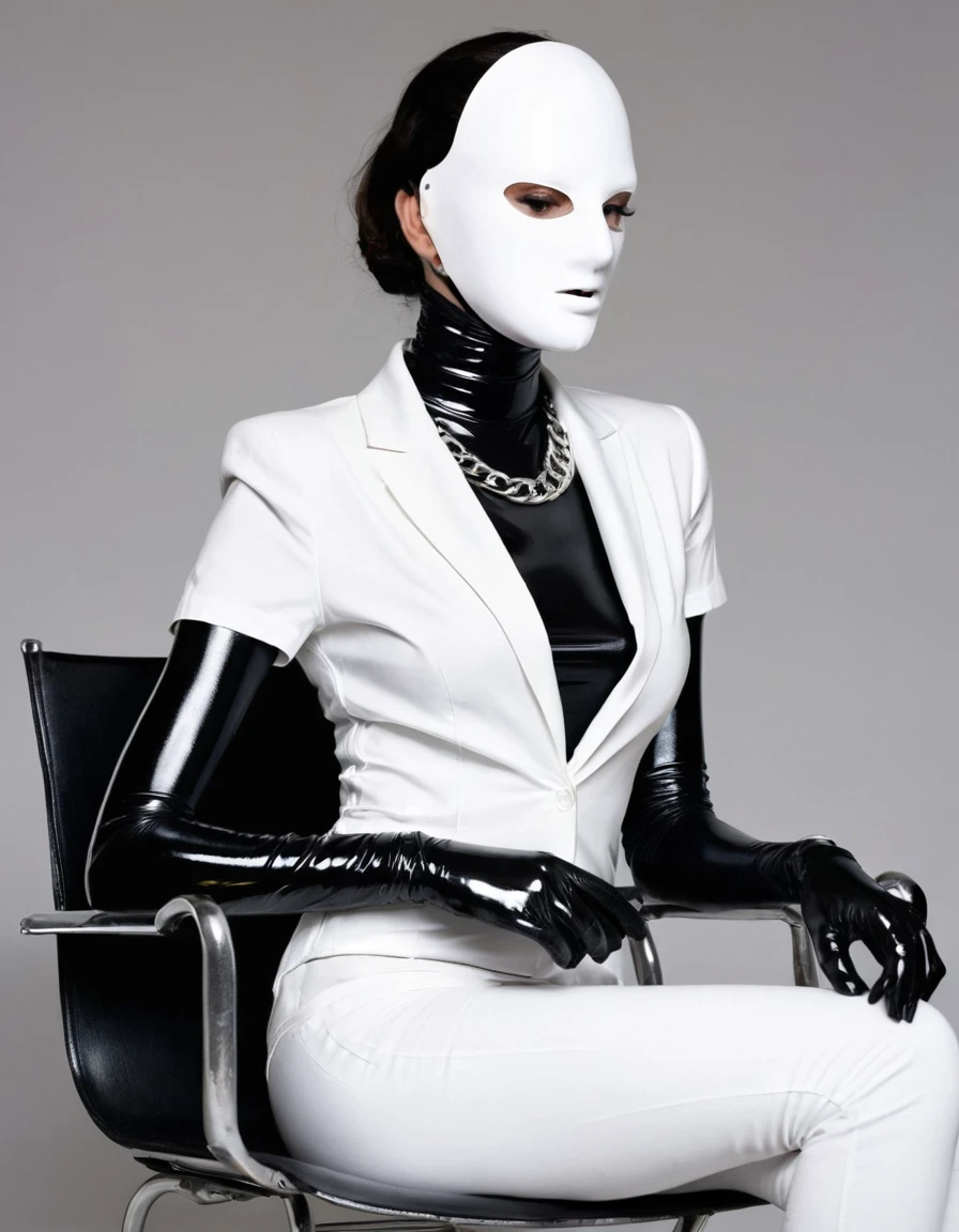 Very thin woman. Wearing a in a white full-face mask, made of papier-mache. all over his face. no face. She is wearing shiny black latex. Shiny steel bracelets on top of black gloves. and Shiny steel bracelet necklaces are on her wrists. Black latex. Sitting on a chair. steel collar.