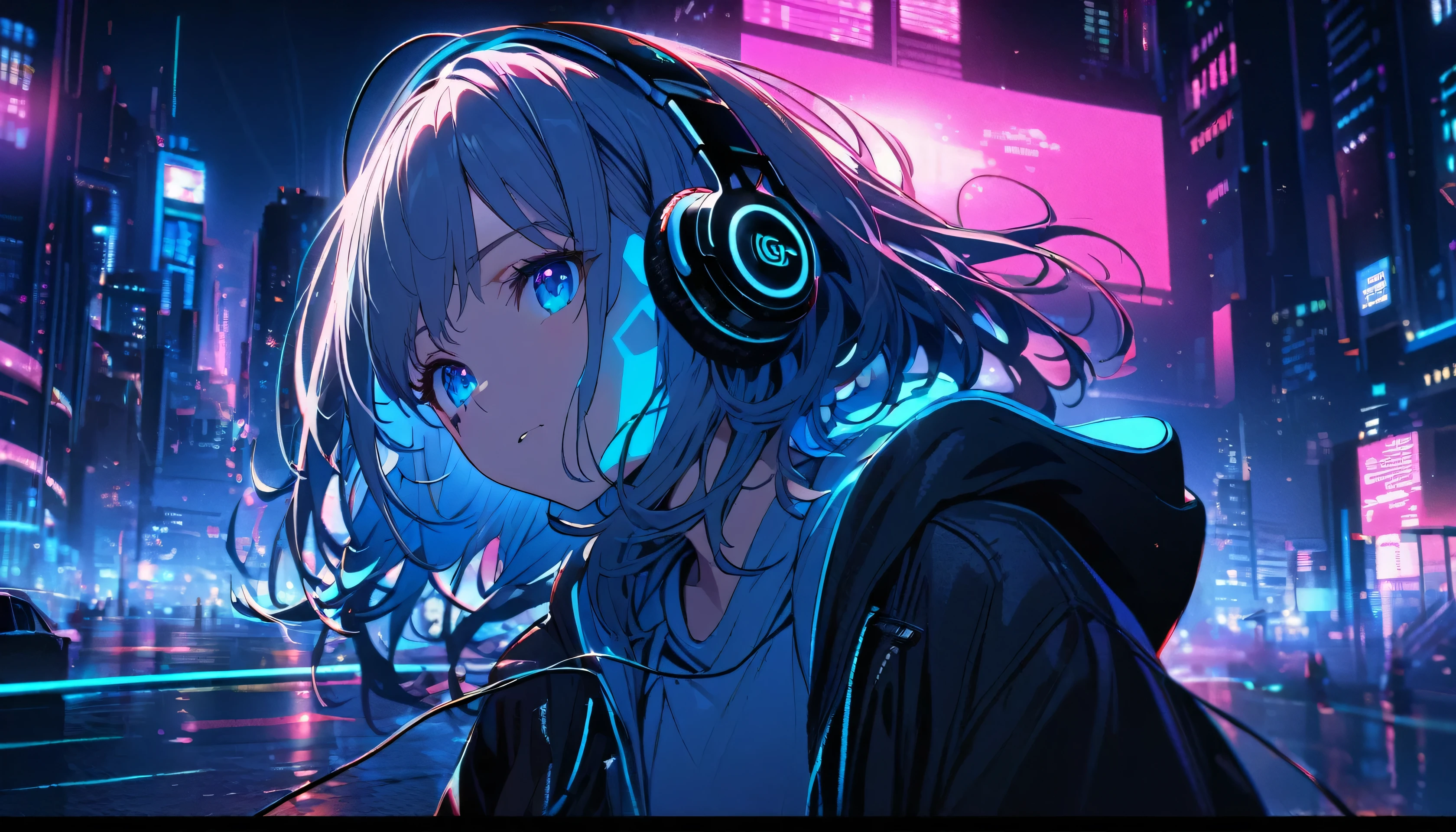 Super detailed,1 girl, alone, hoodie, Facial Contour, headphone, RGB lighting headphones, headphones with Blue lighting, headphone with cable, Blue lighting, city, night city