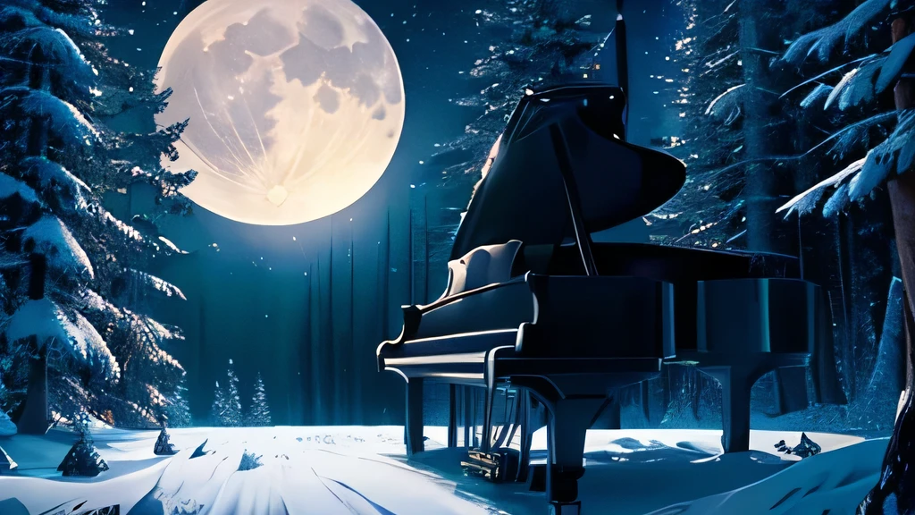 full moon Moonlight A grand piano in the distance In the forest with a fantastic landscape Starry Sky