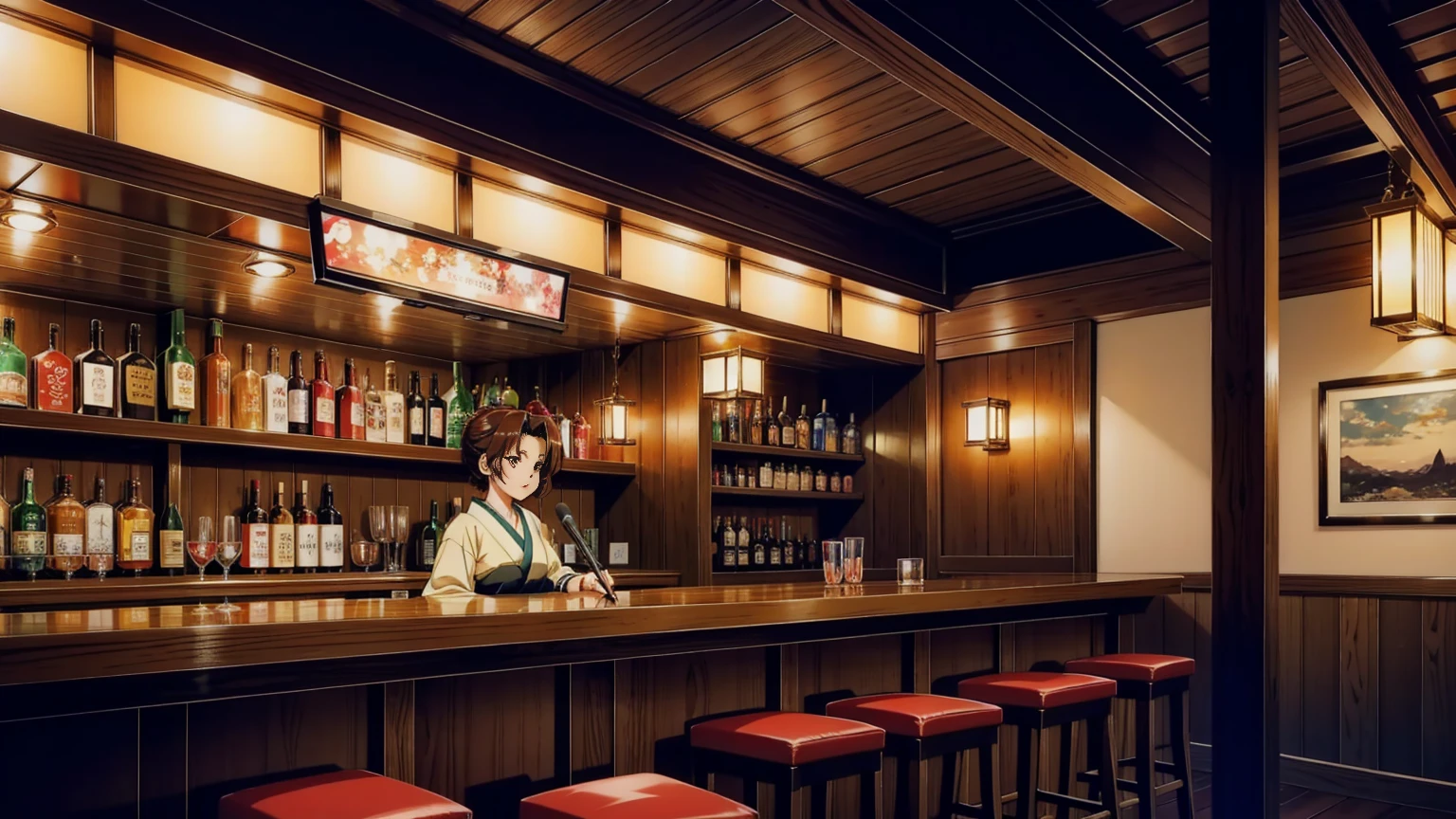 A female singer performing in a bar, illustrated in a Japanese anime style. She is on a small stage, holding a microphone with a confident and expressive look on her face. She is dressed elegantly in a stylish, flowing outfit that complements the cozy and vibrant atmosphere of the bar. The background features patrons watching her performance, shelves of bottles, warm ambient lighting, and a polished bar counter. The scene captures the essence of a lively and enchanting evening in a vibrant anime-inspired setting.