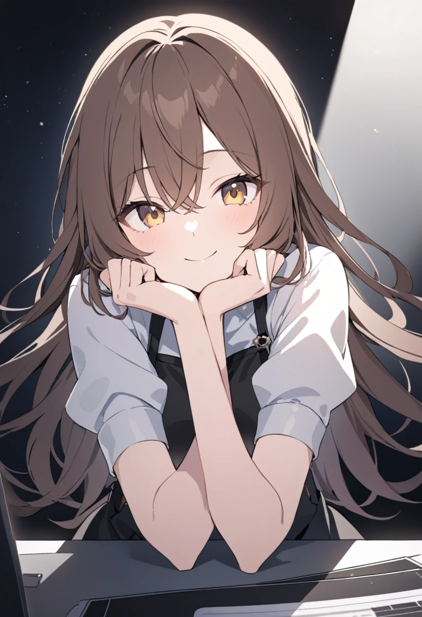 Dark Room,A girl resting her chin on her hands,Looking at me,smile,Private Server,Brown Hair
