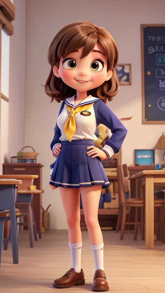 下記のキャラクターをRealistic Pixar styleスタイルで9:Generated in 16 sizes。- **Head:**
  - Short brown hair, slightly tousled and layered.
  - Large, expressive brown eyes.
  - Light skin tone.
  - Smiling expression with a gentle and friendly demeanor.

- **Upper Body:**
  - Wearing a navy sailor-style  (seifuku).
  - The uniform has a yellow neckerchief tied at the front.
  - Long sleeves with white cuffs.

- **Lower Body:**
  - Matching navy pleated skirt, extending to just above the knees.

- **Pose:**
  - Standing with a relaxed posture.
  - Left hand raised and resting on the back of the head.
  - Right hand hanging down by her side.

- **Overall Appearance:**
  - Youthful and cheerful look, typical of a high school student.
  - The character appears friendly and approachable, with a casual and natural pose.

No background,Simple Background, Large Breasts, Navy sailor suit,Realistic Pixar style