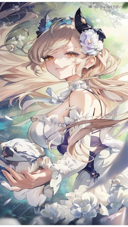 Long hair and white skirt anime girl holding a dog, detailed key anime art, Kushat Krenz Key Art Women, Ink art anime loli,  Wear, Official artwork with high detail, clean Detailed anime art, long-haired blonde anime girl, Marisa Kirisame, Violet Evergarden, Anime Goddess, Detailed digital anime art, Detailed anime art