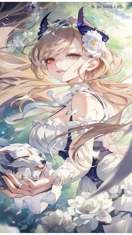 Long hair and white skirt anime girl holding a dog, detailed key anime art, Kushat Krenz Key Art Women, Ink art anime loli,  Wear, Official artwork with high detail, clean Detailed anime art, long-haired blonde anime girl, Marisa Kirisame, Violet Evergarden, Anime Goddess, Detailed digital anime art, Detailed anime art