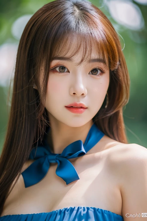 (arafed woman with a blue bow and a blue dress, portrait of jisoo of blackpink, captured on canon eos r 6, shot on nikon z9, shot on canon eos r 5, shot on canon eos r5, taken with canon eos 5 d mark iv, very pretty face, SUPER CUTE, very detailed facial features, huge breasts,anime thai girl, soft portrait shot 8 k, close up face portrait, high angle shot, boken, SFW)