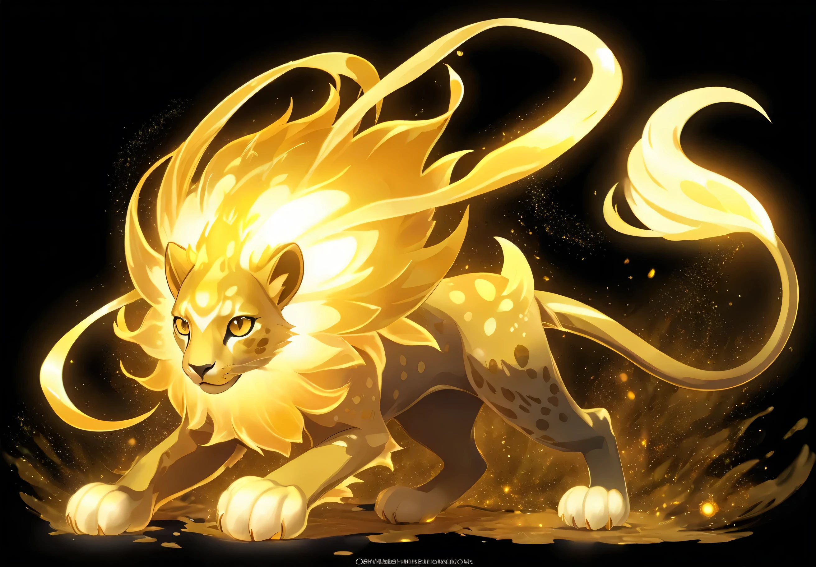 It is a golden glowing celestial creature that is a golden cheetah, similar to the D tensor in the Pokemon animation. It has sharp white claws on its front PAWS surrounded by swirling light energy in shades of yellow and orange against a black background. The design should be high resolution vector graphics with no shading or gradients. In a cartoon style, this artwork will attract attention to any mobile game or website.