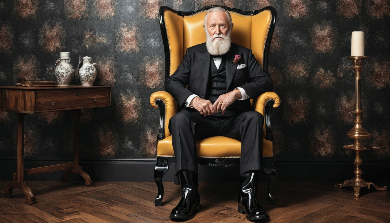Old gentleman with a beard,Sit on a chair,Eyes on Boots,Black high gloss rain boots, 8k resolution,Masterpieces of wallpaper,Highest quality,Digital Painting,Very meticulous,super high quality