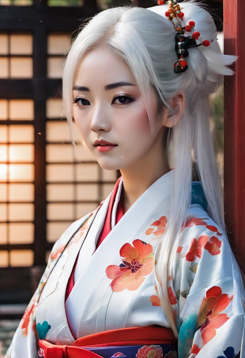 Photo quality, realistic beautiful woman, shrine maiden, flashy, fluttering kimono, front facing face, long white hair
