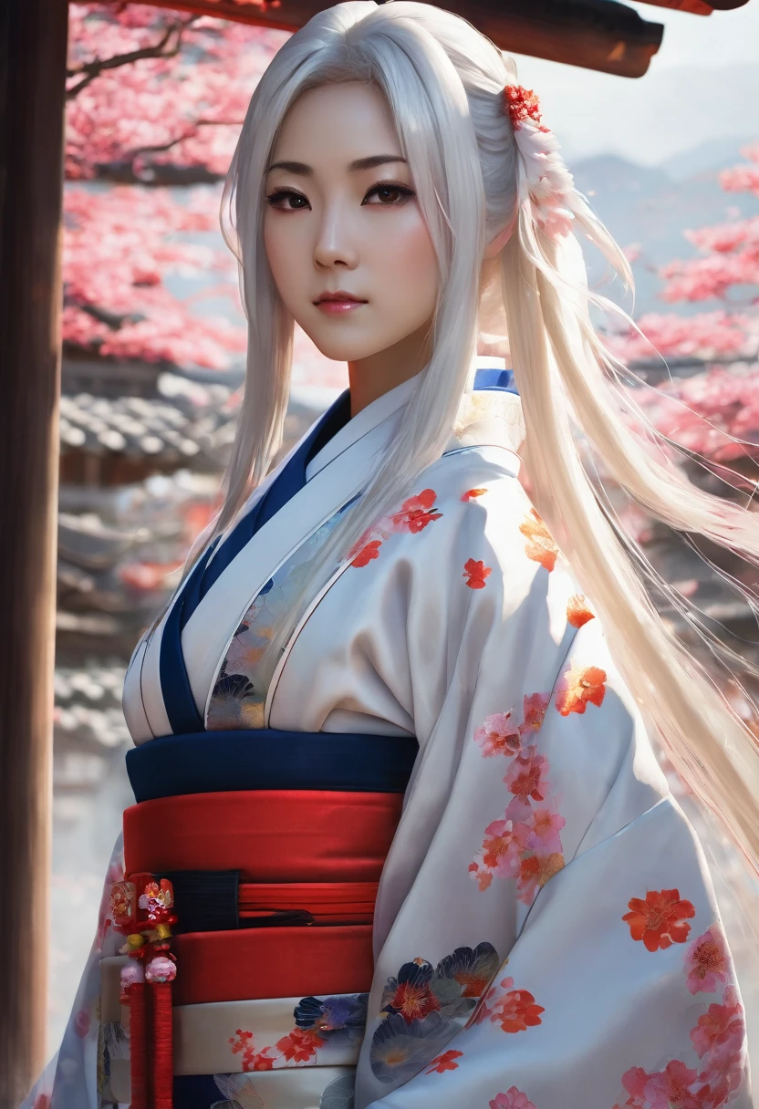 Photo quality, realistic beautiful woman, shrine maiden, flashy, fluttering kimono, front facing face, long white hair
