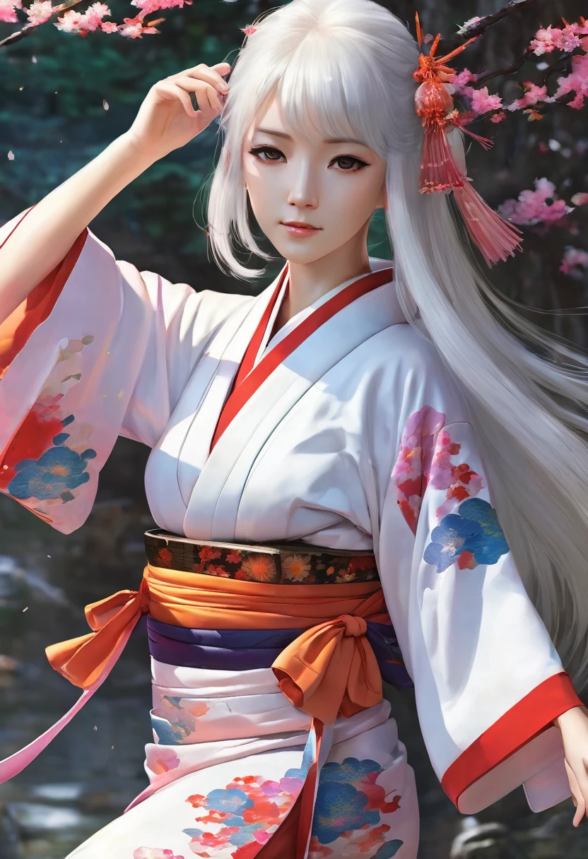 Photo quality, realistic beautiful woman, shrine maiden, flashy, fluttering kimono, front facing face, long white hair
