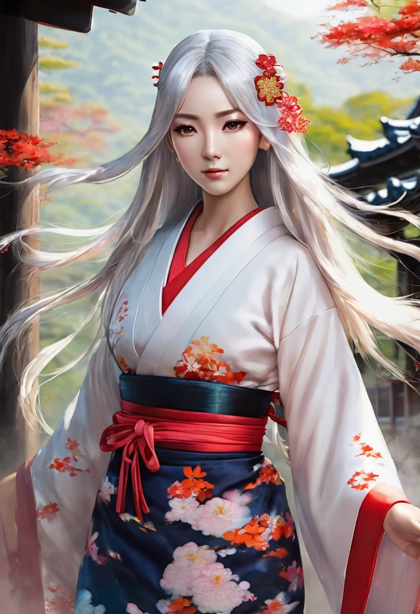 Photo quality, realistic beautiful woman, shrine maiden, flashy, fluttering kimono, front facing face, long white hair