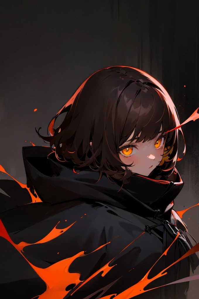 1female, brown hair, short hair, bright yellow eyes, detailed face, dark black coat, hood over head, dark background, black and red spirits surrounding, dark background