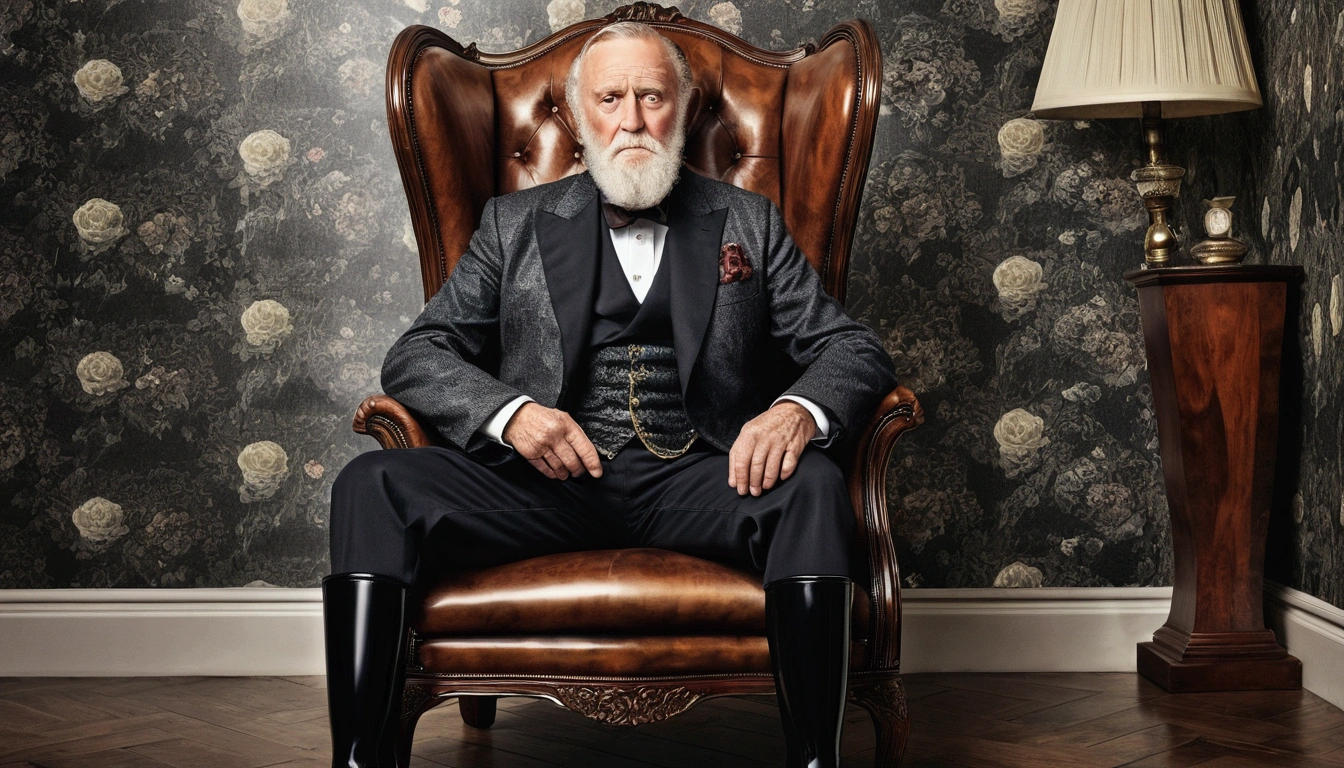 Old gentleman with a beard,Sit on a chair,Eyes on Boots,Black high gloss rain boots, 8k resolution,Masterpieces of wallpaper,Highest quality,Digital Painting,Very meticulous,super high quality