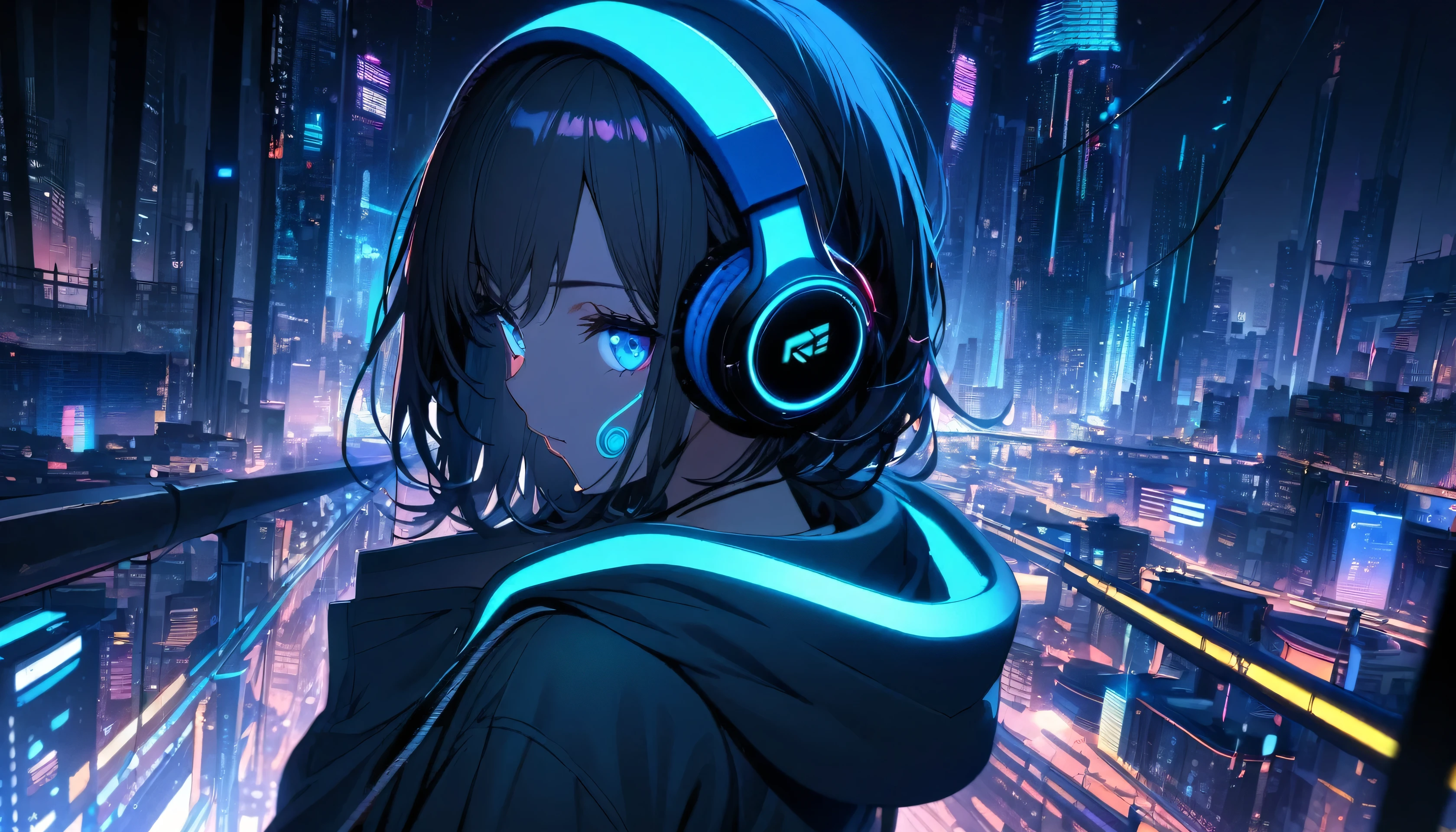 Super detailed,1 girl, alone, hoodie, Facial Contour, headphone, RGB lighting headphones, headphones with Blue lighting, headphone with cable, Blue lighting, city, night city