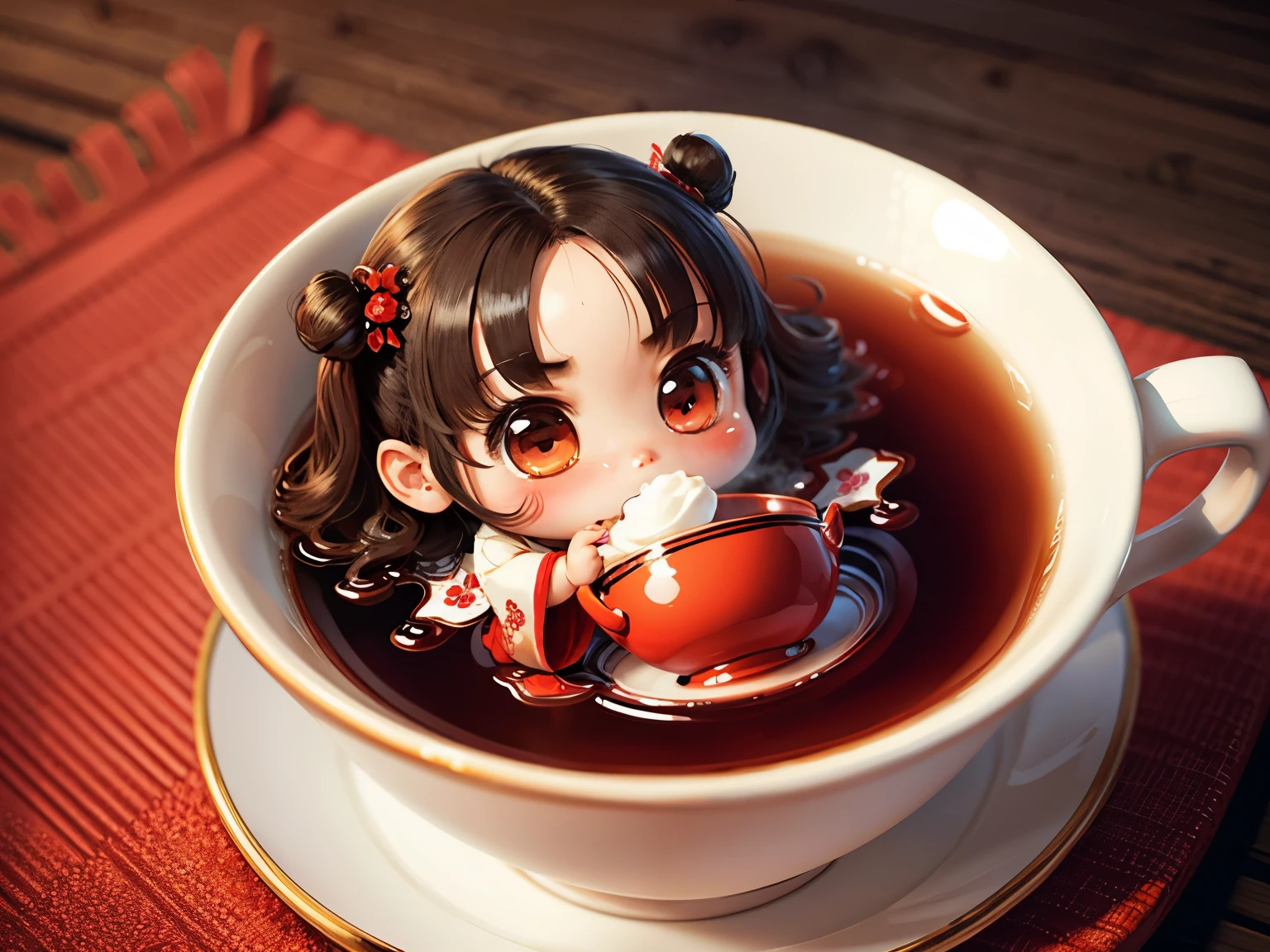 Cute chibi anime sitting in the tea cup, wear red kimono, drink tea
