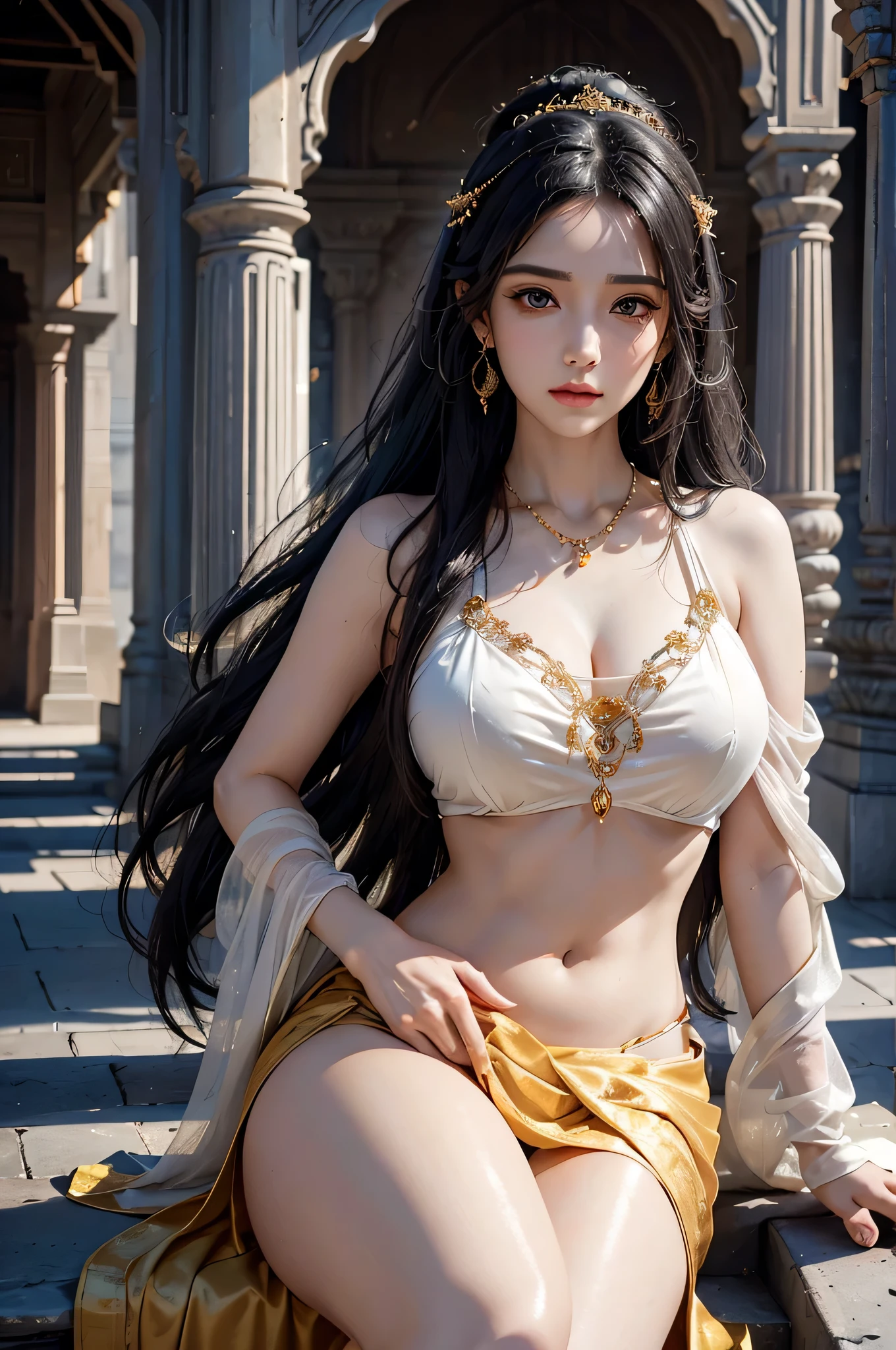 Reality, high resolution, 1 female, Solitary, Hips up, View Viewer, (Delicate face), White hair, Long hair, Medium breasts, Taoism,(best quality,high resolution,Practical:1.37)The most beautiful women in India,A miracle of digital art,Princess Score,Practical historical fiction,Beautiful eyes and lips,Intense expression,Historical costumes,Embroidered clothing,Gold Jewelry,Her black wavy hair fell down her back.,Flowing colorful silk saris,The background is a gorgeous palace,Historic Buildings,Detailed gestures,Light amber candlelight,Soft shadows and highlights,Exquisite facial features,Attention to detail,Subtle emotions,Depth and richness of color,Expressive eyes convey a sense of desire and power,Royal elegance and regal bearing,Elegant and confident posture,Traditional henna designs on hands and feet,Dull skin tone that glows in warm light,Realism with a touch of fantasy,Impressive artistry,Digital brushstrokes,Soft and dreamy atmosphere,Ethereal Beauty,Rich cultural heritage,Indian art and folklore merged with contemporary digital technology,masterpiece,Perfect skin tone,Gorgeous traditional makeup,Decorative hair accessories,Bright colors and a hint of darkness,Dark white and light amber palette,The evocative and enchanting art of storytelling,Focus on accuracy,Add a little imagination,Detailed background with architectural elements and intricate designs,Create a deep emotional connection with your audience.,Huge breasts,Curvy body, cleveage ,Oily body,BIG ASS,Full of jewels,Belly button jewelry,Thigh jewelry,Anklets,long necklace,heavy necklace,