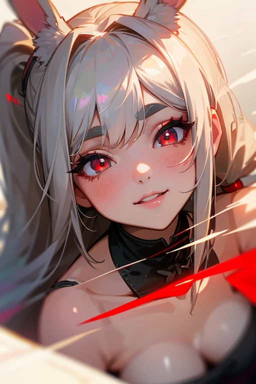 ((Bunny girl)).(Highest quality, masterpiece:1.2), High resolution, 最高masterpiece、Very detailed, Realistic:1.37, Fantasy, An illustration,Gray Hair、 Red eyes、Queen, beautifully、Eyeshadow Red、Thick eyebrows、Long eyelashes、pupils are black、shiny on the lips、Top Sites、Queen、Princess、A kind smile、Show your teeth a little and smile、Soft impression、people々々々々々々々々々Loved by、Slimming the face、Shoulder Bare、ponytail、Kissing Face、Long white hair、Shaggy Bangs、(Save face image).(solo).(Looking up)、((Bunny girl)).(From the waist up).