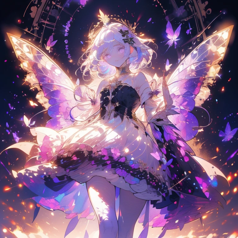 a beautiful (1girl) with colorful butterfly wings, white hair, detailed face, purple eyes,intricate butterfly wings,detailed wing patterns,detailed clothing,colorful butterfly wings,cinematic lighting,golden light particle, best detailed,masterpiece,ultra detailed, best shadow, delicate, elegant, majestic, action pose, posed, posture, best angle(dynamic angle,detailed background, fantasy), (handsome detailed face), high contrast, (best illumination, an extremely delicate and beautiful), ((cinematic light)), colorful, hyper detail, dramatic light, intricate details, butterfly circle, magic crystals, rainbow, Fantastic fairy, Unique type, Sharp detail line, Double beauty, open gate, magic circle 