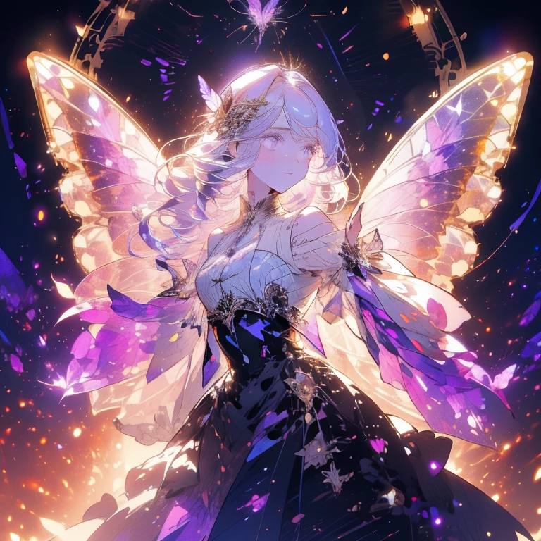 a beautiful (1girl) with colorful butterfly wings, white hair, detailed face, purple eyes,intricate butterfly wings,detailed wing patterns,detailed clothing,colorful butterfly wings,cinematic lighting,golden light particle, best detailed,masterpiece,ultra detailed, best shadow, delicate,action pose, (dynamic angle,detailed background, fantasy), (handsome detailed face), high contrast, (best illumination, an extremely delicate and beautiful), ((cinematic light)), colorful, hyper detail, dramatic light, intricate details, butterfly circle, magic crystals, rainbow, Fantastic fairy, Unique type, Sharp detail line,