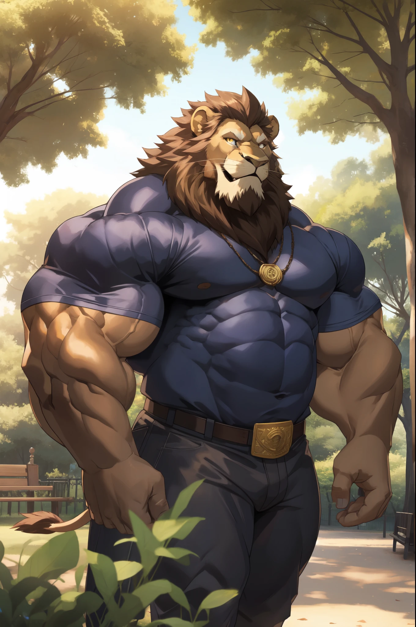 absurdres, ((best quality)), ((masterpiece)), (ultra detailed), perfect face,(sharp eyes),sharp focus, (by null-ghost,by traver009,by lindong,by pino daeni), (male antro lion):2.0, (brown body)), (white belly), (delicated lion fangs, lion ears, lion tail), (sharp eye),ultra-detailed eyes, (Beautiful and delicate eyes), (yellow eyes), ((white sclera)), ((fluffy fur, fluffy, furry body)),(casual clothes), muscular male , (wearing random pattern necklace), smile, (bulge), reflection, sexy body, middle-age, strong, looking at view, (((sfw:1.5))), (( abs, strong muscle, 8 pack)), shirtless, tougue out, claw, pink nipples, handsome,(Great physique),strong arms man, majestic, barbarous, handsome, on the street