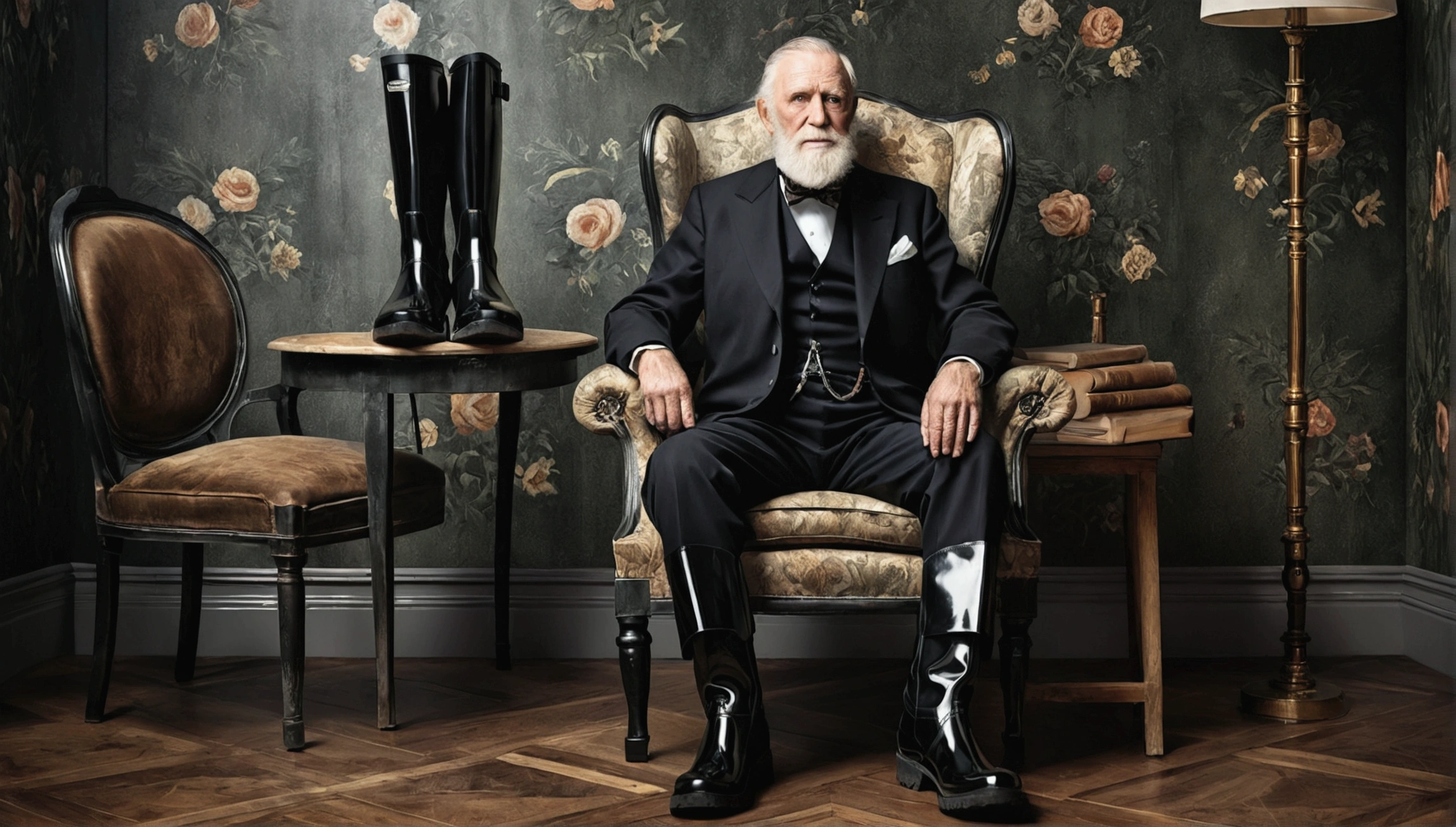 Old gentleman with a beard，Sit on a chair，Eyes on Boots，Black high gloss rain boots, 8k resolution,Masterpieces of wallpaper，Highest quality，Digital Painting，Very meticulous，super high quality