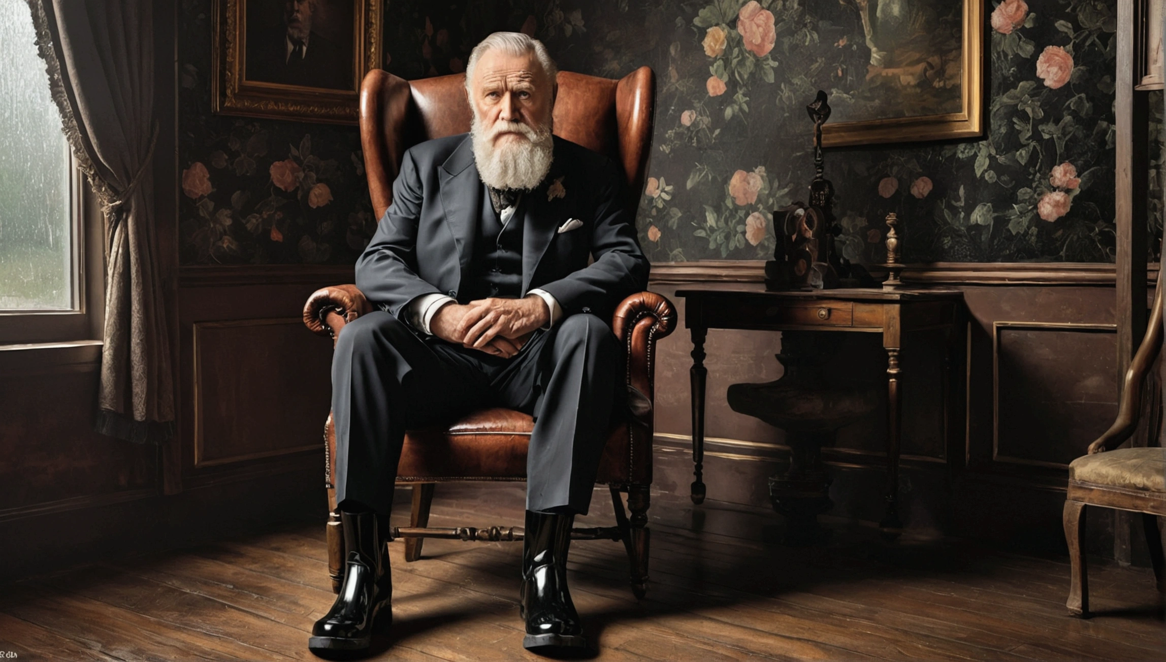 Old gentleman with a beard，Sit on a chair，Eyes on Boots，Black high gloss rain boots, 8k resolution,Masterpieces of wallpaper，Highest quality，Digital Painting，Very meticulous，super high quality