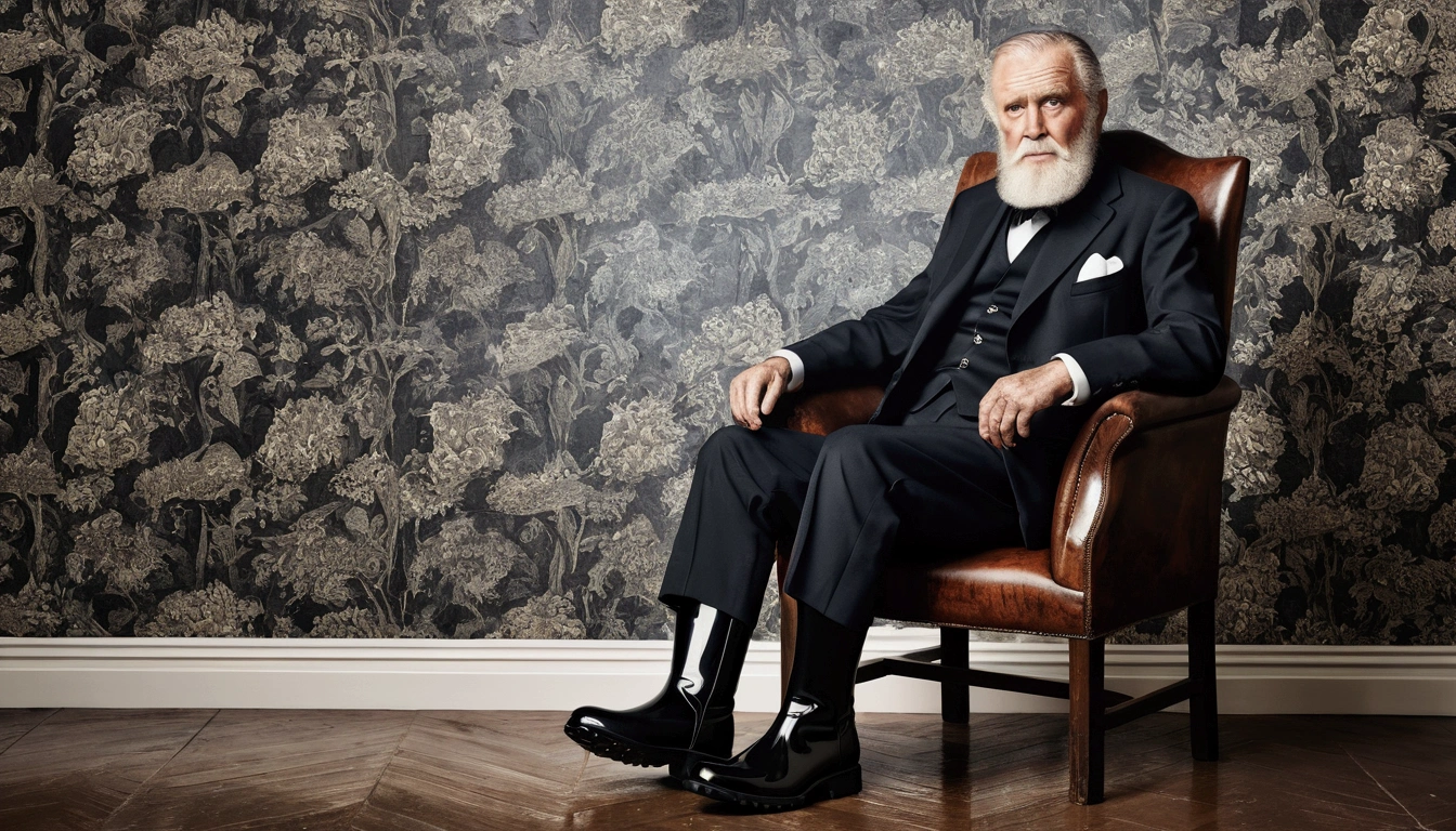 Old gentleman with a beard,Sit on a chair,Eyes on Boots,Black high gloss rain boots, 8k resolution,Masterpieces of wallpaper,Highest quality,Digital Painting,Very meticulous,super high quality