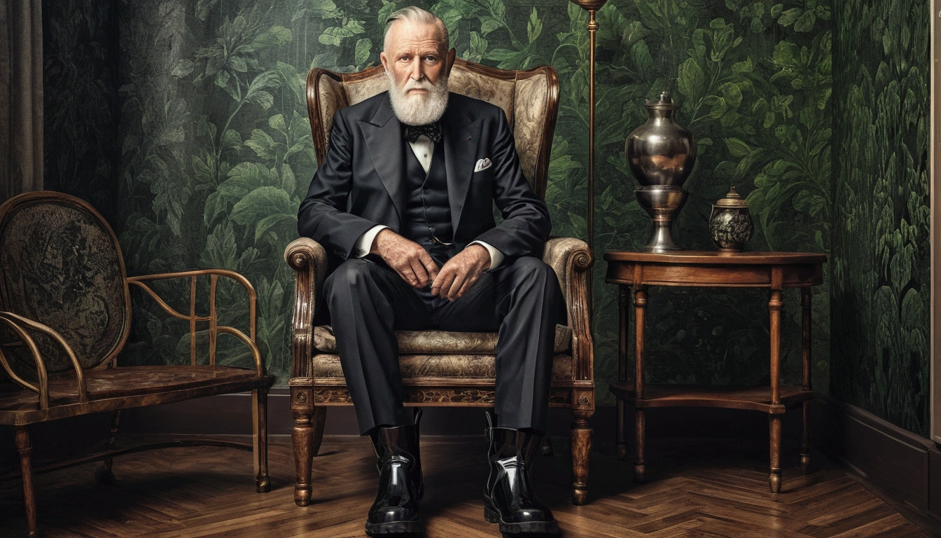 Old gentleman with a beard,Sit on a chair,Eyes on Boots,Black high gloss rain boots, 8k resolution,Masterpieces of wallpaper,Highest quality,Digital Painting,Very meticulous,super high quality