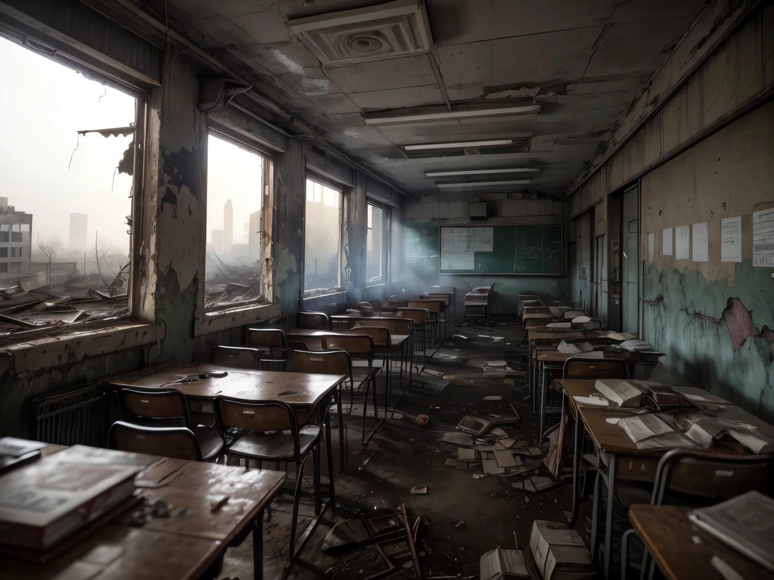 No lighting:1.8, Abandoned school with rubble and remains, Abandoned wooden clinic, Abandoned school overgrown with grass:1.37, Overgrown jungle, abandoned clinic:1.37, Ruins merge with nature, ruined clinic, Destroyed ceiling, Outdoor light penetrates the outdoors in countless ways, Soft light and fog, Scattered chairs, ((Einzelstuhl)), A crowded desk, ((One-person machine)), scattered documents, Scattered books, Scattered clothes, The power was turned off:1.21, Power failure:1.21, Faded poster, Japanese cities, Nobody is here, Dust and dead leaves blow in the wind, Abandoned School Apocalyptic Abandoned School, In a post-apocalyptic city, Post-apocalyptic scenarios, Post-apocalyptic atmosphere, ruined classroom, Destroyed cityscape outdoors, apocalyptic environment, Abandoned school building, In a desolate urban landscape, Postapocalyptic Perspective, Ruins Landscape, post-apocalyptic landscape
