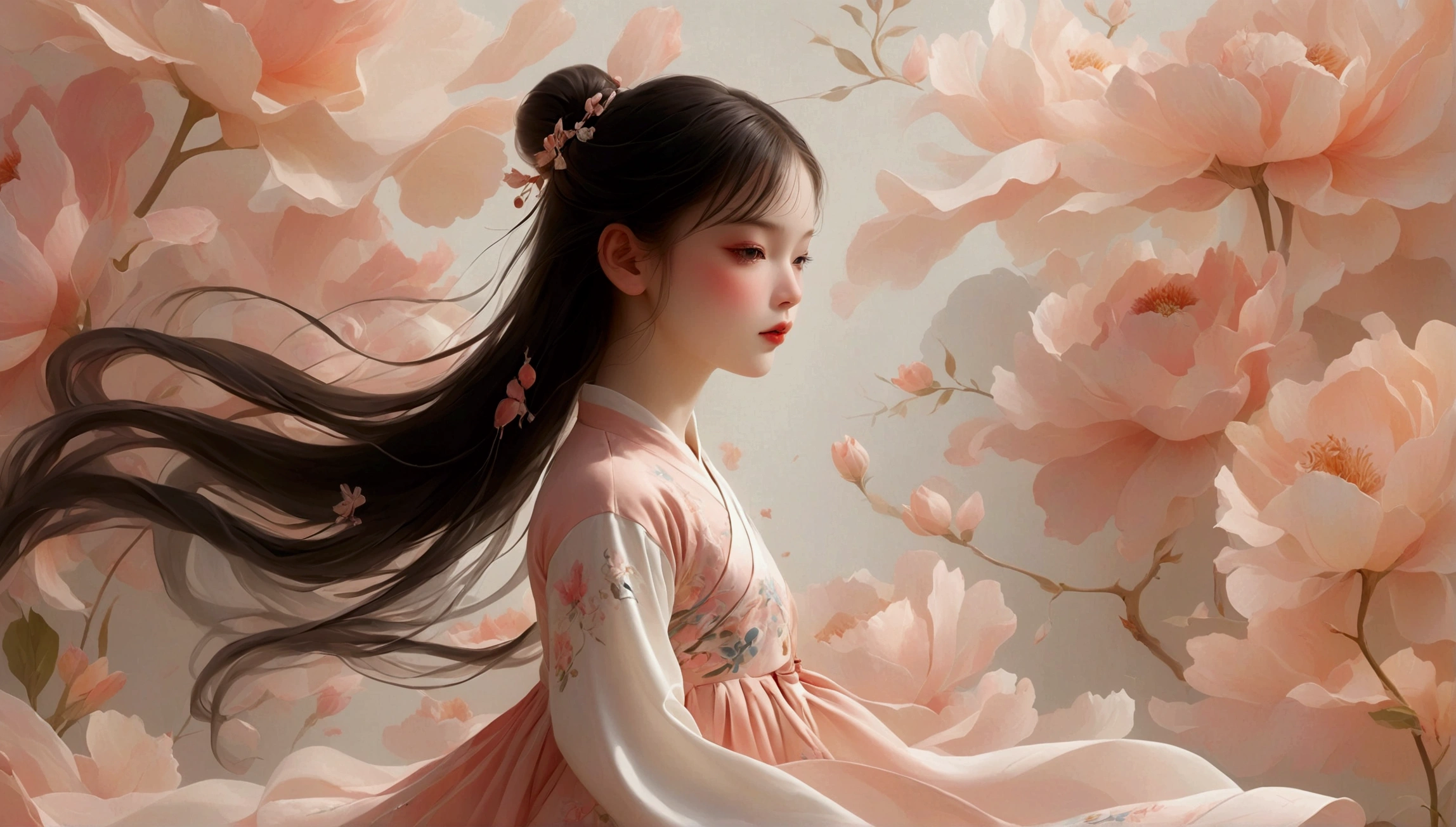 Beautiful dance photography；A little girl，Solitary；dancing little girl；[Black Eyeball，confidence，High and cold，happy]；[Long skirt，Elegant，Long sleeve；Set，Light pink and white gradient，Traditional style，The skirt has no pattern，Long skirt下摆像花瓣，Connect with the background,]；Full body panorama 1.5，Character front；Composition：The character is on the right side of the screen，Large area of white space；Long hair in the wind,Fashion, Dynamic photography, Dynamic photography；Influence of modernism, nature, , modern Art, Astonishing, blur background, Soft lighting，Character front光, happy emotion, Simple style；Minimalism。Panoramic photography；Shallow depth of field, Extraordinary details, masterpiece, high quality, 4K，cinematic lighting, motion blur, depth of field, sparkle, ray tracing, reflection light, anatomically correct, uhd, textured skin, best quality, super detail, highres, high details, accurate, high quality, award winning。