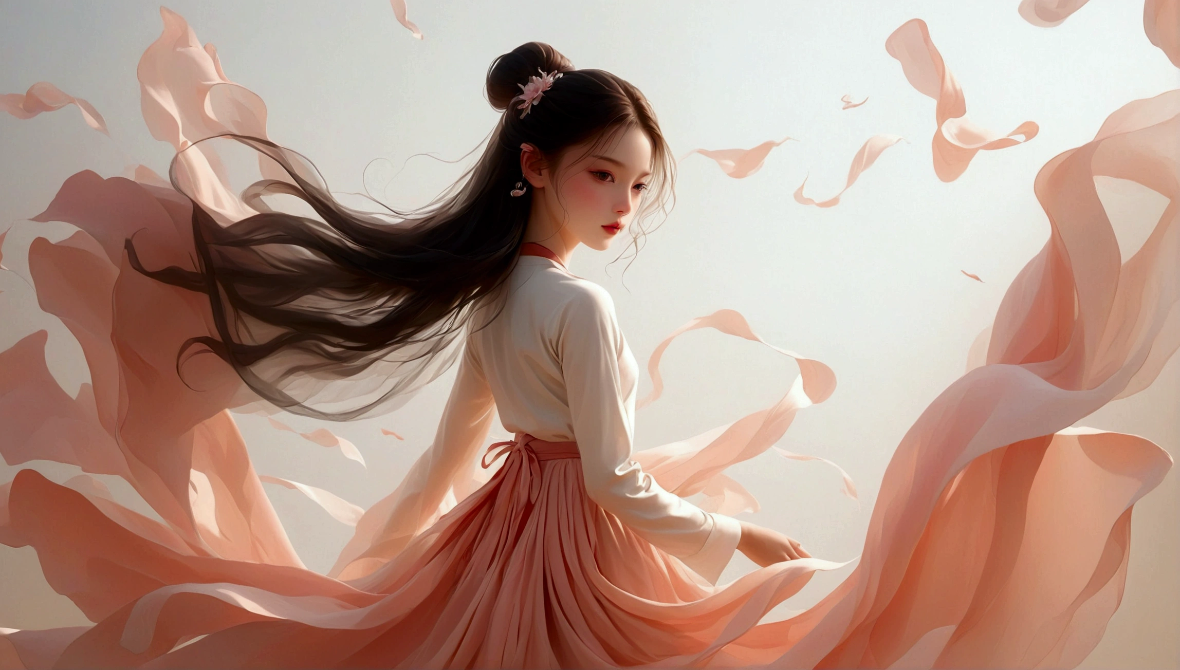 Beautiful dance photography；A little girl，Solitary；dancing little girl；[Black Eyeball，confidence，High and cold，happy]；[Long skirt，Elegant，Long sleeve；Set，Light pink and white gradient，Traditional style，The skirt has no pattern，Long skirt下摆像花瓣，Connect with the background,]；Full body panorama 1.5，Character front；Composition：The character is on the right side of the screen，Large area of white space；Long hair in the wind,Fashion, Dynamic photography, Dynamic photography；Influence of modernism, nature, , modern Art, Astonishing, blur background, Soft lighting，Character front光, happy emotion, Simple style；Minimalism。Panoramic photography；Shallow depth of field, Extraordinary details, masterpiece, high quality, 4K，cinematic lighting, motion blur, depth of field, sparkle, ray tracing, reflection light, anatomically correct, uhd, textured skin, best quality, super detail, highres, high details, accurate, high quality, award winning。
