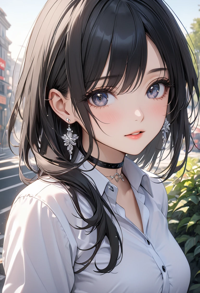 best quality, super_delicate, ultra detailed, beautiful, 8k , 1girl, black hair, business shirt, earrings, choker, outdoor, bright