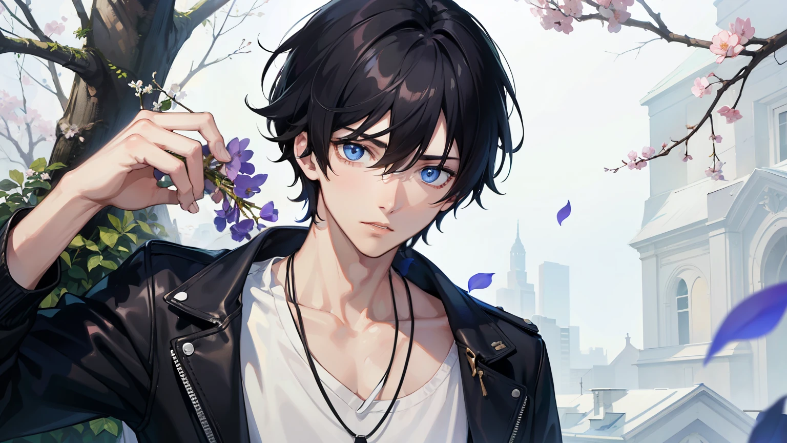 one teenage male boy, leaning against tree, looking at viewer, detailed eyes, light blue eyes, black hair, short scruffy hair, slight smile, flower petals, wearing loose jacket, long earing, necklace, slight breeze