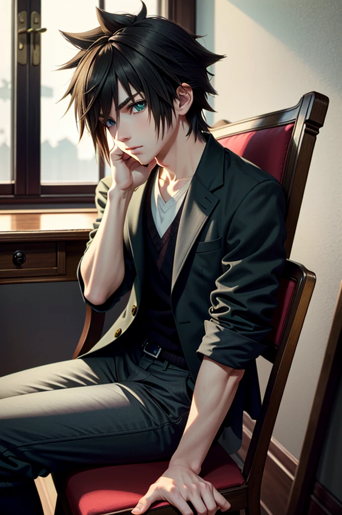 ((ultra detailed, masterpiece, absurdres))
 KHSora, 1boy, solo, brown hair, green eyes, spiked hair, Studio noir, moody shadows, sitting on vintage chair, tailored suit, mysterious allure