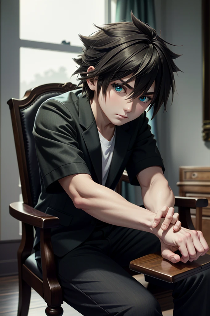 ((ultra detailed, masterpiece, absurdres))
 KHSora, 1boy, solo, brown hair, green eyes, spiked hair, Studio noir, moody shadows, sitting on vintage chair, tailored suit, mysterious allure