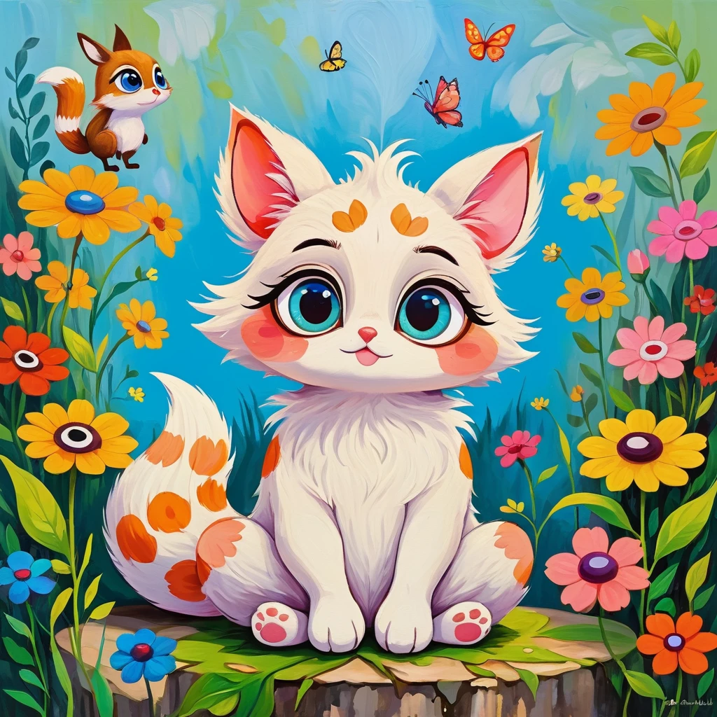 Collage oil painting：Animal characters, The tail is a flower., furry animals, Round body, Sitting position, big eyes, cute, 