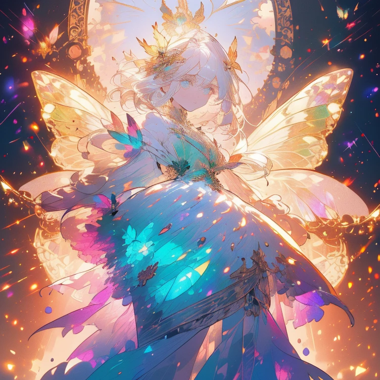 a beautiful (1girl) with colorful butterfly wings, white hair, detailed face, green eyes,intricate butterfly wings,detailed wing patterns,detailed clothing,colorful butterfly wings,cinematic lighting,golden light particle, best detailed,masterpiece,ultra detailed, best shadow, delicate, elegant, majestic, action pose, posed, posture, best angle(dynamic angle,detailed background, fantasy), (handsome detailed face), high contrast, (best illumination, an extremely delicate and beautiful), ((cinematic light)), colorful, hyper detail, dramatic light, intricate details, butterfly circle, magic crystals, rainbow, Fantastic fairy, Unique type, Sharp detail line, Double beauty, open gate, magic circle 