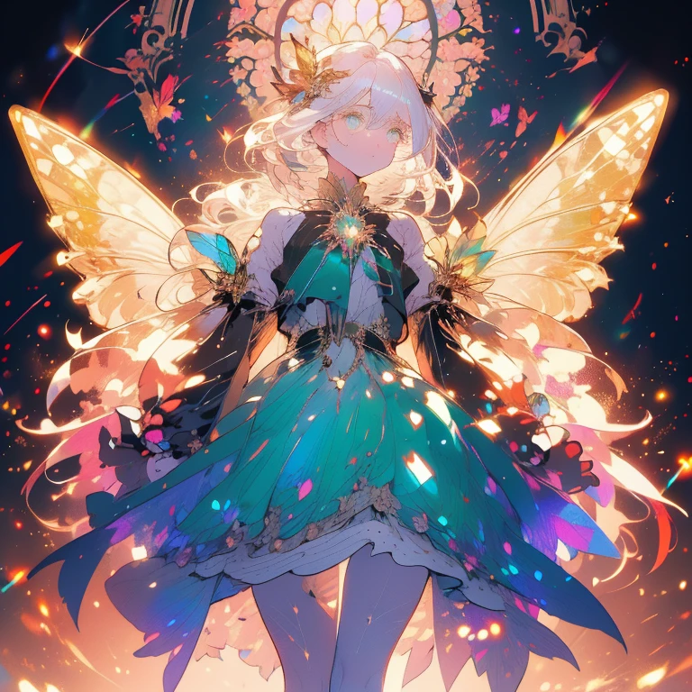 a beautiful (1girl) with colorful butterfly wings, white hair, detailed face, green eyes,intricate butterfly wings,detailed wing patterns,detailed clothing,colorful butterfly wings,cinematic lighting,golden light particle, best detailed,masterpiece,ultra detailed, best shadow, delicate, elegant, majestic, action pose, posed, posture, best angle(dynamic angle,detailed background, fantasy), (handsome detailed face), high contrast, (best illumination, an extremely delicate and beautiful), ((cinematic light)), colorful, hyper detail, dramatic light, intricate details, butterfly circle, magic crystals, rainbow, Fantastic fairy, Unique type, Sharp detail line, Double beauty, open gate, magic circle