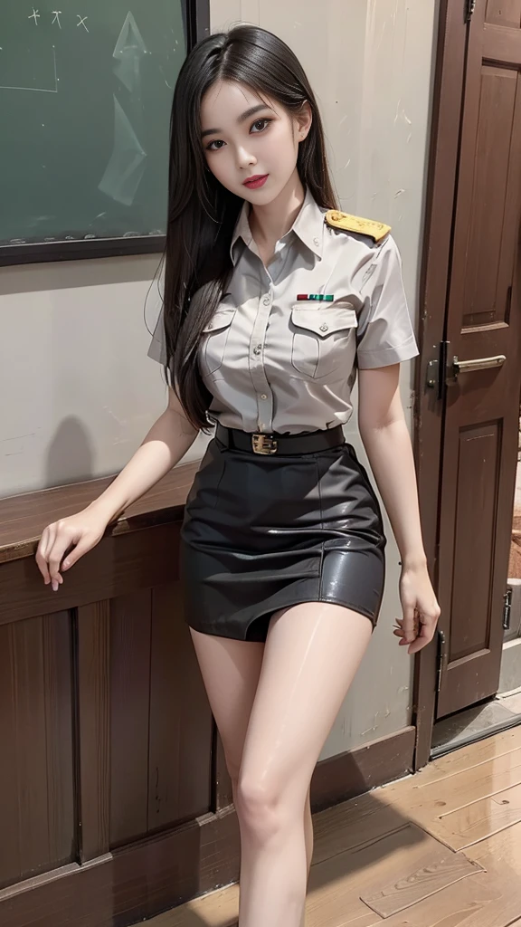Khaki suit, khaki civil servant, Thai teacher uniform:1.3, beautiful girl, ผมlongสองเมตร, ผมlongเป็นพิเศษ, long hair that catches the eye, ผมlongสีดำ, ผมของเธอlongมาก., long, shiny hair, long, thick, soft hair, ผมlongเป็นพิเศษ, Dynamic posts, like full body, Short sleeve shirtสีกากี, Short pencil skirtสีกากี, side cut, Decorated with military insignia.., black high heels, The sexiest, small waist, hips raised, small thighs, long legs, big breastsโต, big breasts:1.5, big breast, Very big breasts, eye-catching breasts, Big breasts see through shirt, Not all coverage, big breast, big breast, Big D, สาวผมlongสองเมตร, Beautiful face, red lips, Very shiny, แต่งBeautiful face, military rank insignia, Short pencil skirt, tight, Short sleeve shirt, tight fitting, (ultra short skirt, sexy short skirt, Focus on short skirts, Standing puppet, walk, straight face, pull up skirt, Beautiful thighs, short skirt, short skirtมาก, very short skirt), in the classroom, blackboard, teaching, speaking