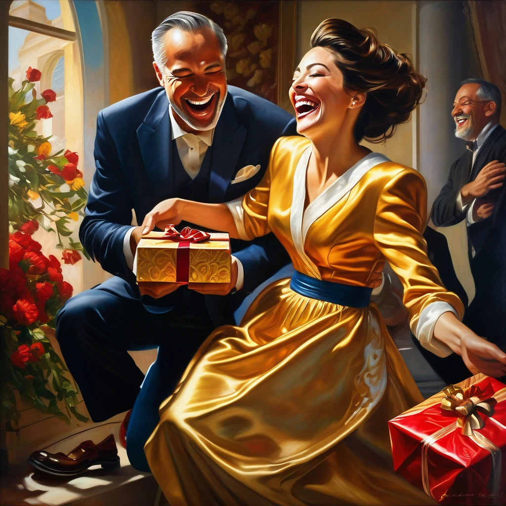 a beautiful woman laughing, dressed in elegant clothing, grinding a gift under her heel as a crestfallen man watches, exquisite detailed portrait, highly realistic, cinematic lighting, stunning colors, dramatic composition, oil painting, masterpiece