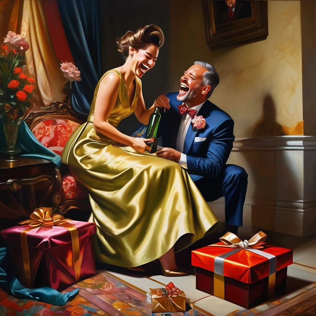a beautiful woman laughing, dressed in elegant clothing, grinding a gift under her heel as a crestfallen man watches, exquisite detailed portrait, highly realistic, cinematic lighting, stunning colors, dramatic composition, oil painting, masterpiece