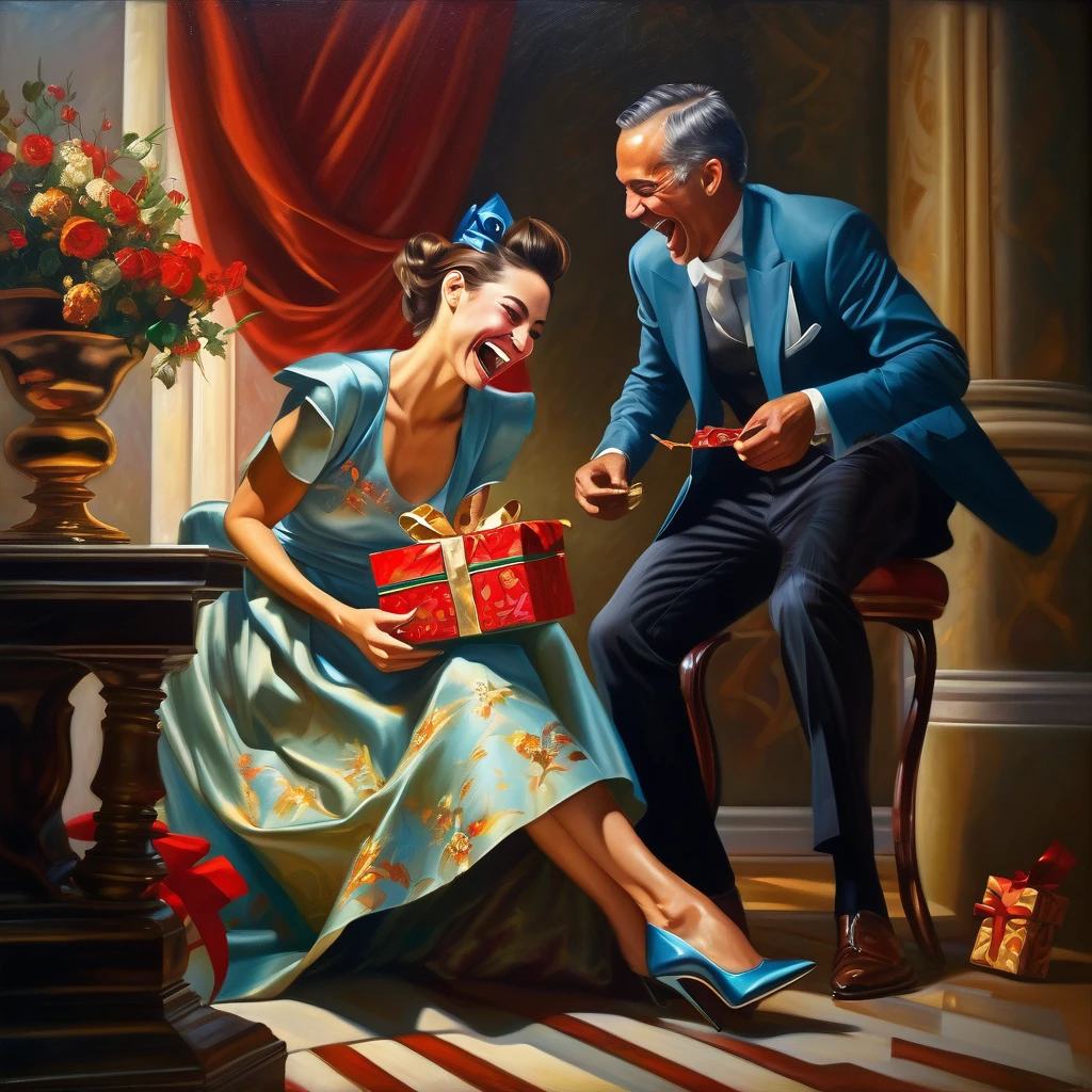 a beautiful woman laughing, dressed in elegant clothing, grinding a gift under her heel as a crestfallen man watches, exquisite detailed portrait, highly realistic, cinematic lighting, stunning colors, dramatic composition, oil painting, masterpiece