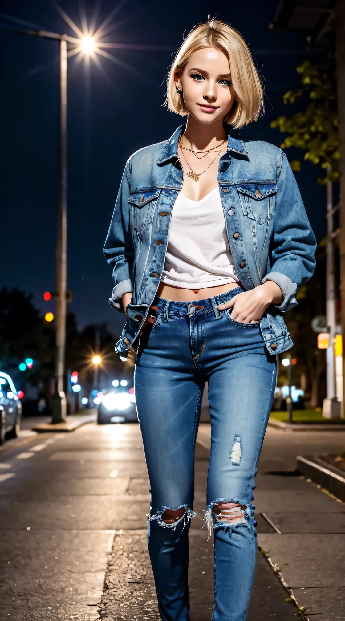 Breathtakingly realistic, Highest quality,,(Full body photo)、 German girl standing,Blonde Hair,、blue eyes、Short Haircut、Ear piercing、,smile、Jeans jacket,Skinny jeans,sneakers、Background is a park at night