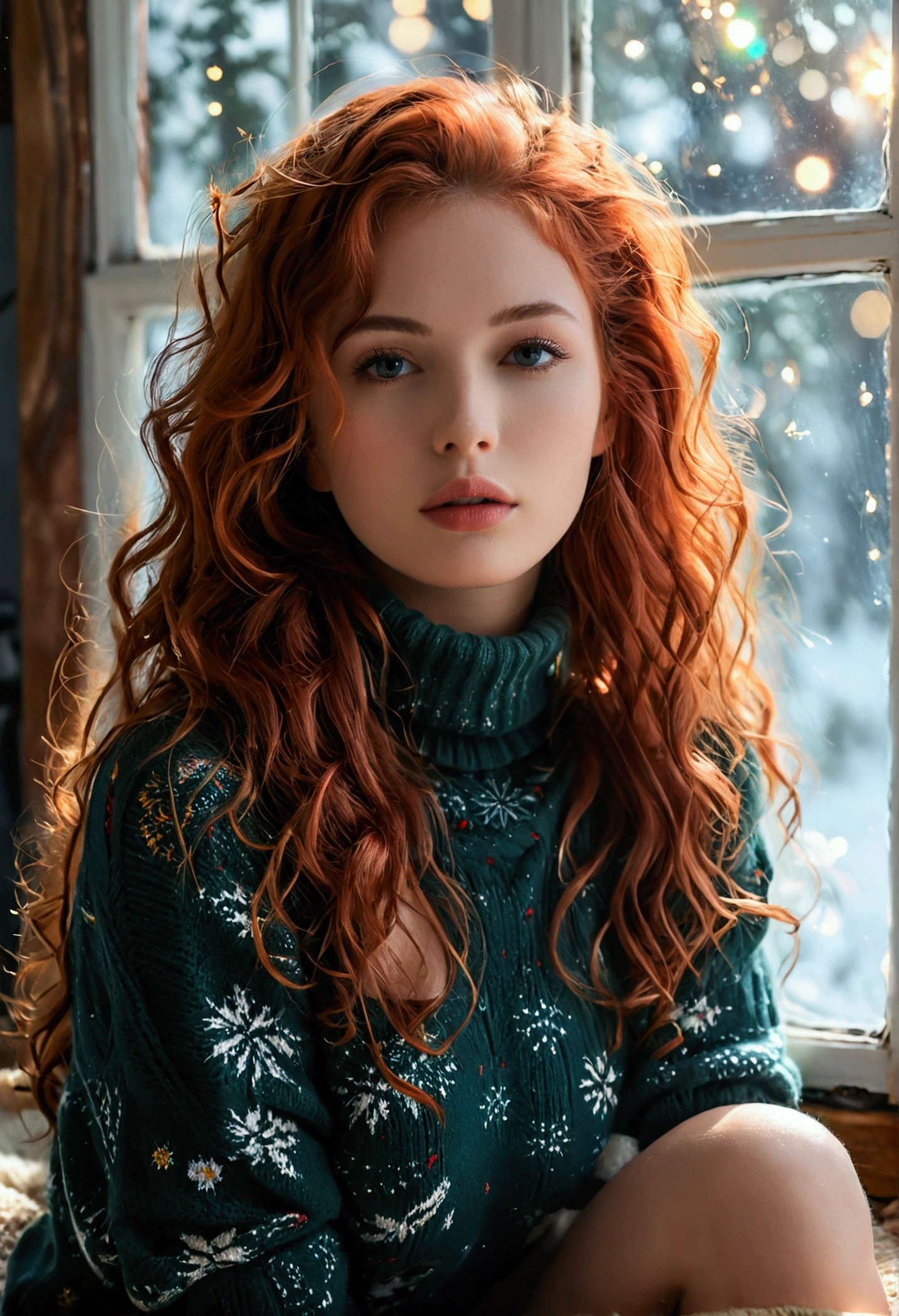 An ultra hot beautiful european woman, age 23, red wavy hair. she's a playmate, men magazine model, enjoying a cozy evening by the fire. She wears a turtleneck winter color wool sweater and tight shorts. Trough the window, winter starry night. Northern lights.
Perfect ???????, perfect hair, perfect breast, perfect body, perfect hands, perfect face, UHD, retina, masterpiece, accurate, anatomically correct, textured skin
