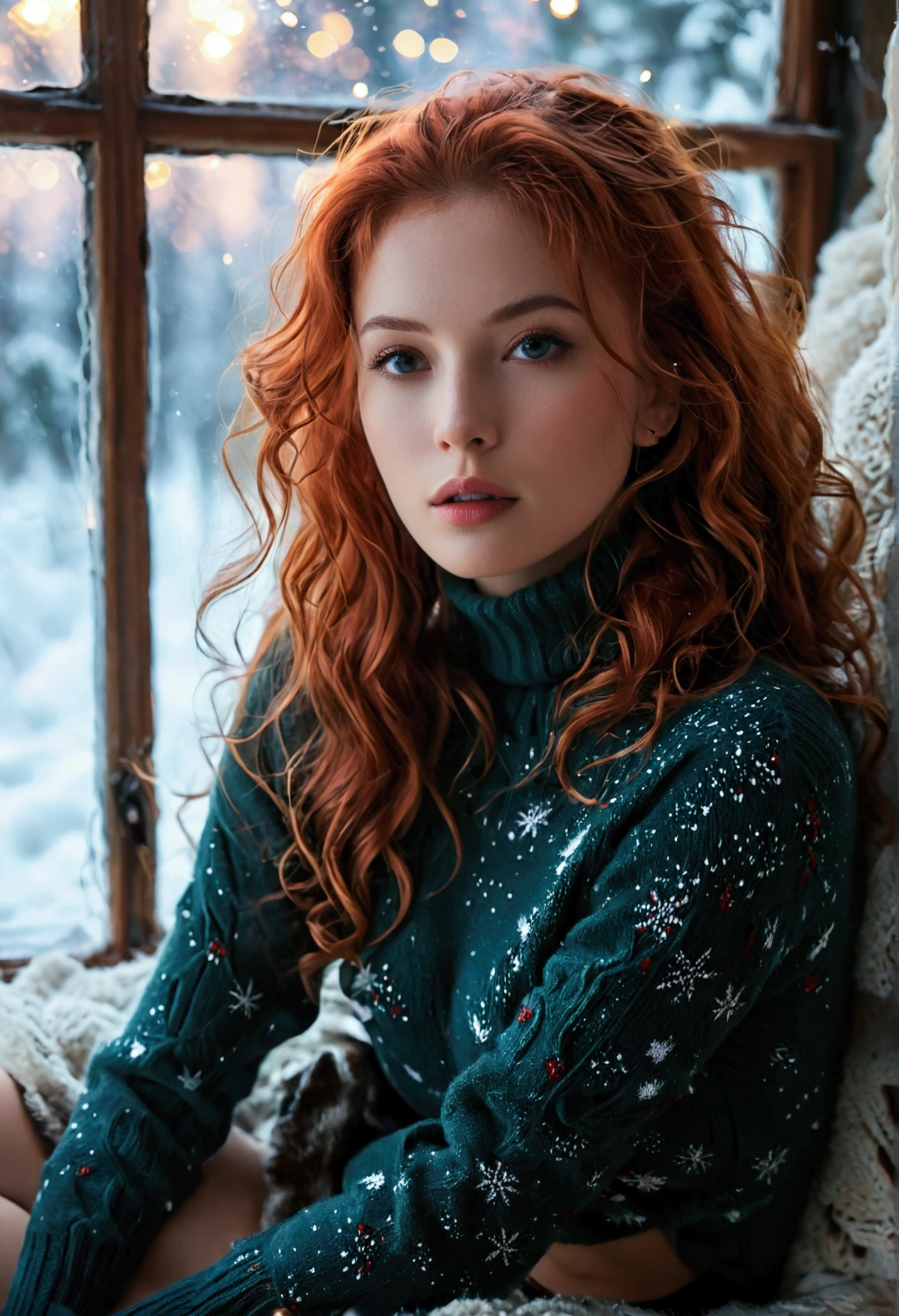 An ultra hot beautiful european woman, age 23, red wavy hair. she's a playmate, men magazine model, enjoying a cozy evening by the fire. She wears a turtleneck winter color wool sweater and tight shorts. Trough the window, winter starry night. Northern lights.
Perfect anatomy, perfect hair, perfect breast, perfect body, perfect hands, perfect face, UHD, retina, masterpiece, accurate, anatomically correct, textured skin