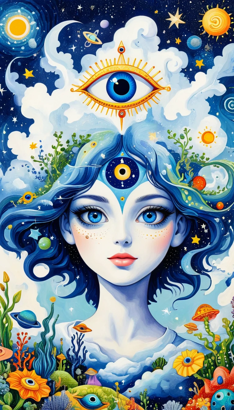 Picasso art style：Psychedelic Art。plant、Marine Life、(((Charming eyes，The Third Eye)))、cloud、Starry Sky，Galaxy、Planet、Stitching together an abstract painting，Describing the inner world of autistic people，Sense of space，Blank，White space，Pointillism method，Childish lines，Klein Blue