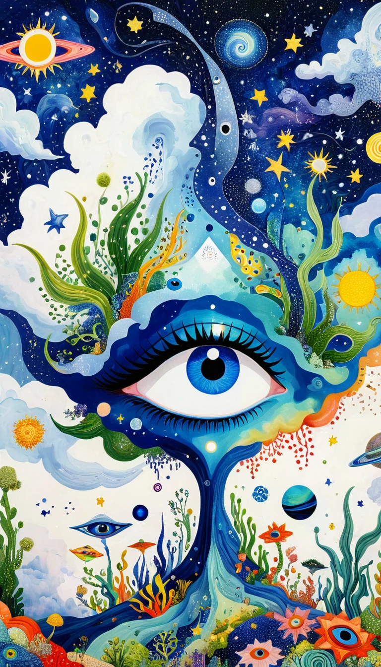 Picasso art style:Psychedelic Art。plant、Marine Life、(((Charming eyes,The Third Eye)))、cloud、Starry Sky,Galaxy、Planet、Stitching together an abstract painting,Describing the inner world of autistic people,Sense of space,Blank,White space,Pointillism method,Childish lines,Klein Blue