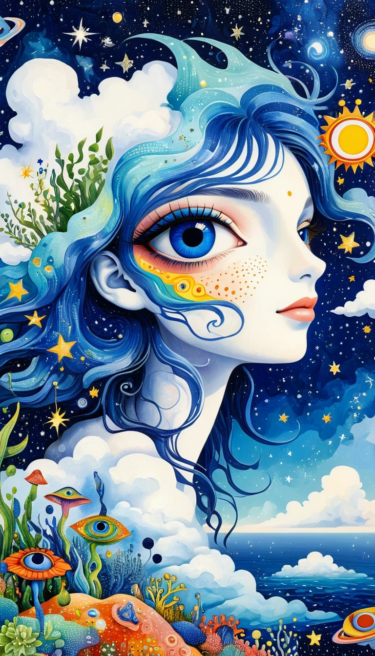 Picasso art style:Psychedelic Art。plant、Marine Life、(((Charming eyes,The Third Eye)))、cloud、Starry Sky,Galaxy、Planet、Stitching together an abstract painting,Describing the inner world of autistic people,Sense of space,Blank,White space,Pointillism method,Childish lines,Klein Blue