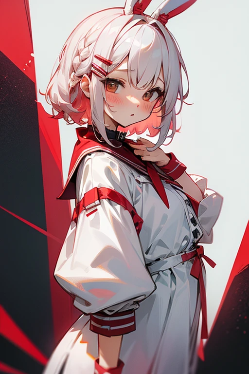 Short white hair, blush, (Bunny girl)、Punk Fashion、Headbang 2.、White and red clothes、Braiding、2 hair clips