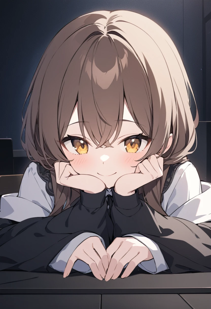 Dark Room,A girl resting her chin on her hands,Looking at me,smile,Private Server,Brown Hair,They're talking about something